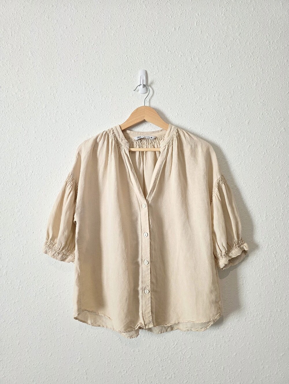 Zara Neutral Oversized Linen Button Up Top XS